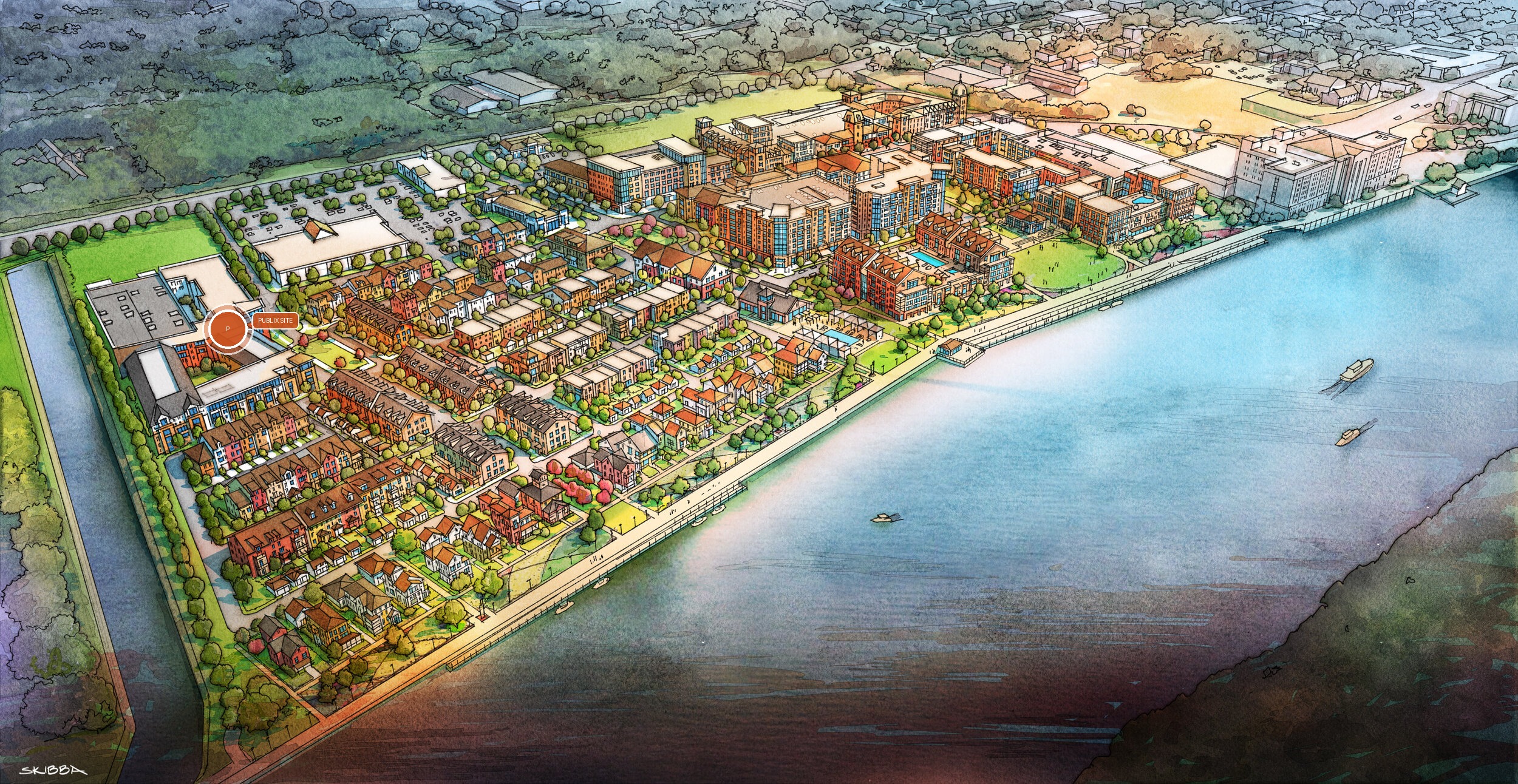 Eastern Wharf master plan aerial rendering with Publix site location marked in orange