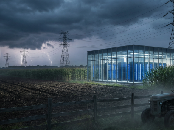 A sleek data center building at the edge of a rural Georgia field under a dramatic stormy sky with power transmission towers