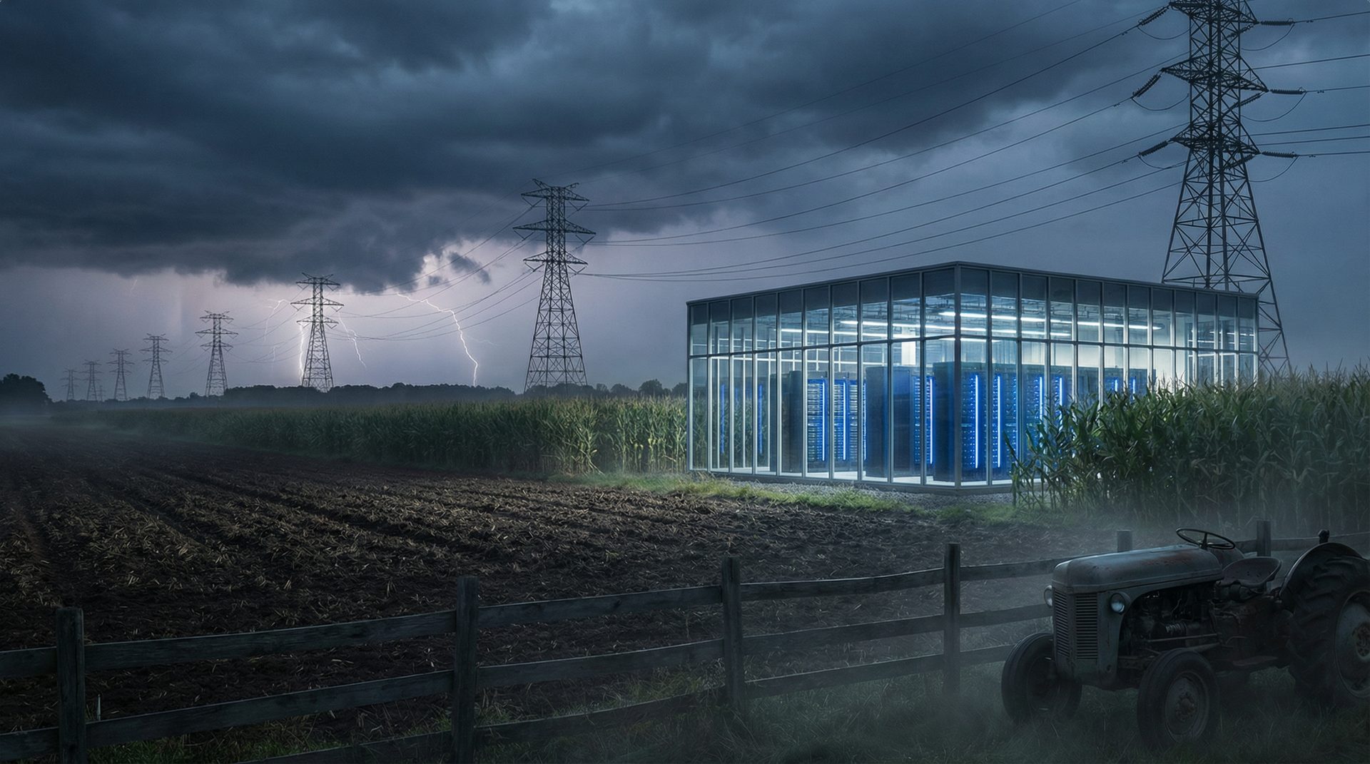 A sleek data center building at the edge of a rural Georgia field under a dramatic stormy sky with power transmission towers