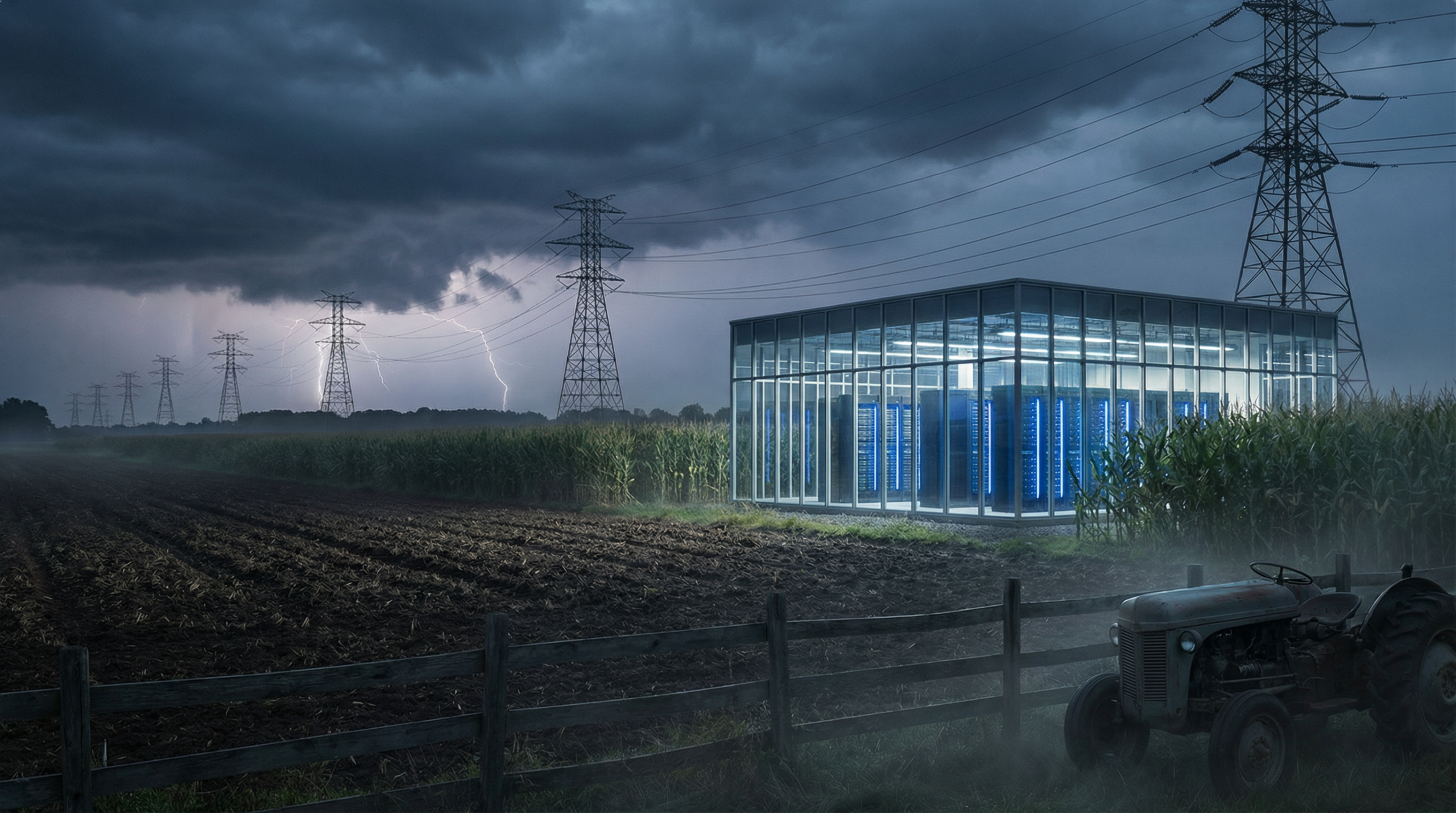 A sleek data center building at the edge of a rural Georgia field under a dramatic stormy sky with power transmission towers