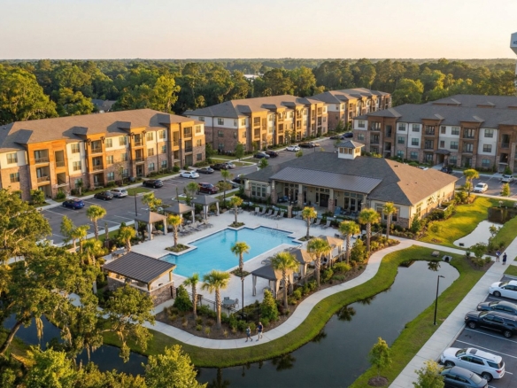 Aerial golden-hour view of a modern Class A garden-style apartment community in Port Wentworth, Georgia