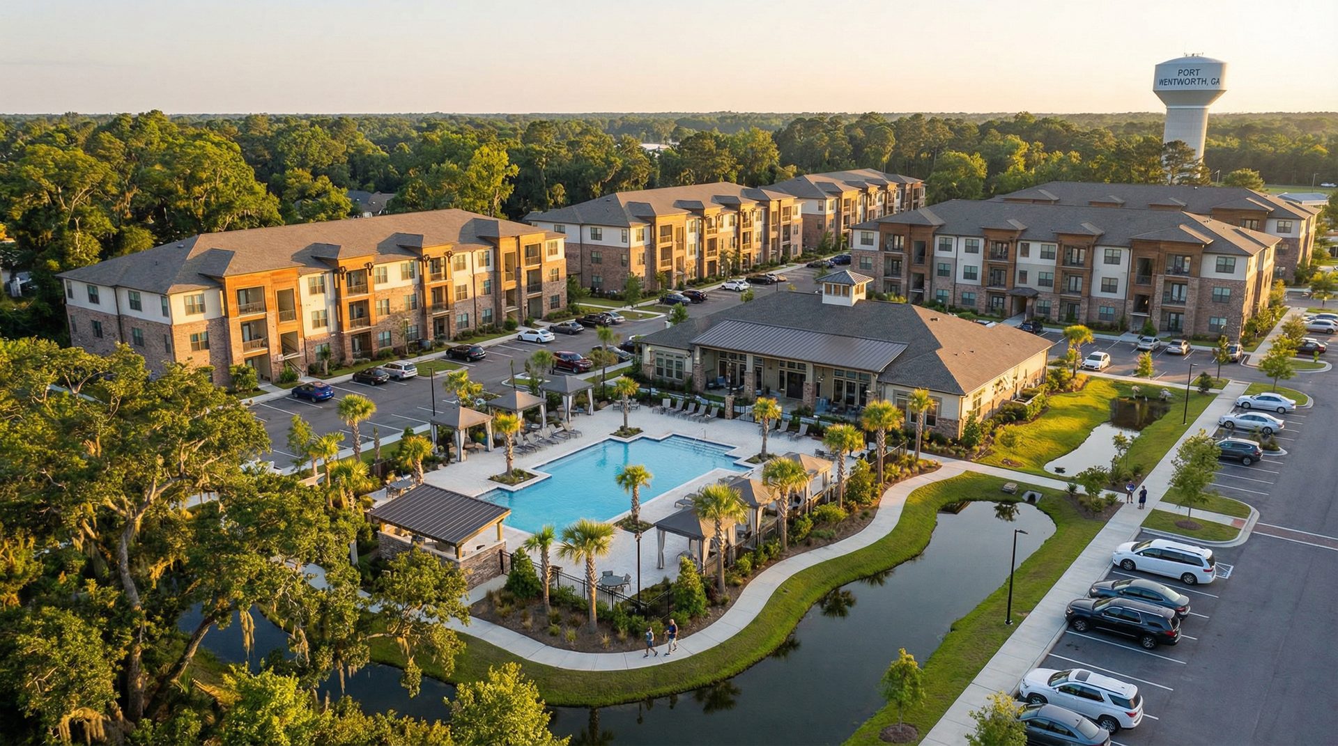 Aerial golden-hour view of a modern Class A garden-style apartment community in Port Wentworth, Georgia