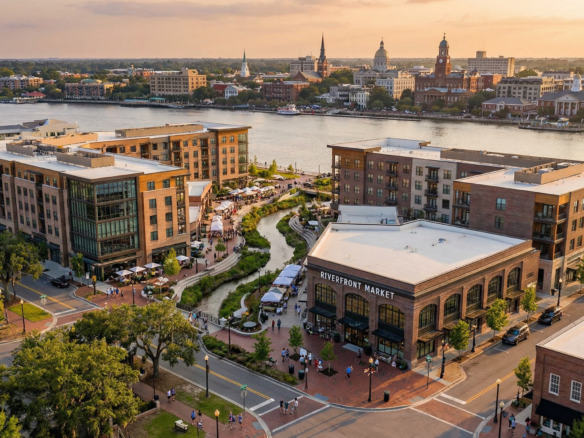 Cinematic aerial view of the Eastern Wharf mixed-use development along the Savannah River at golden hour