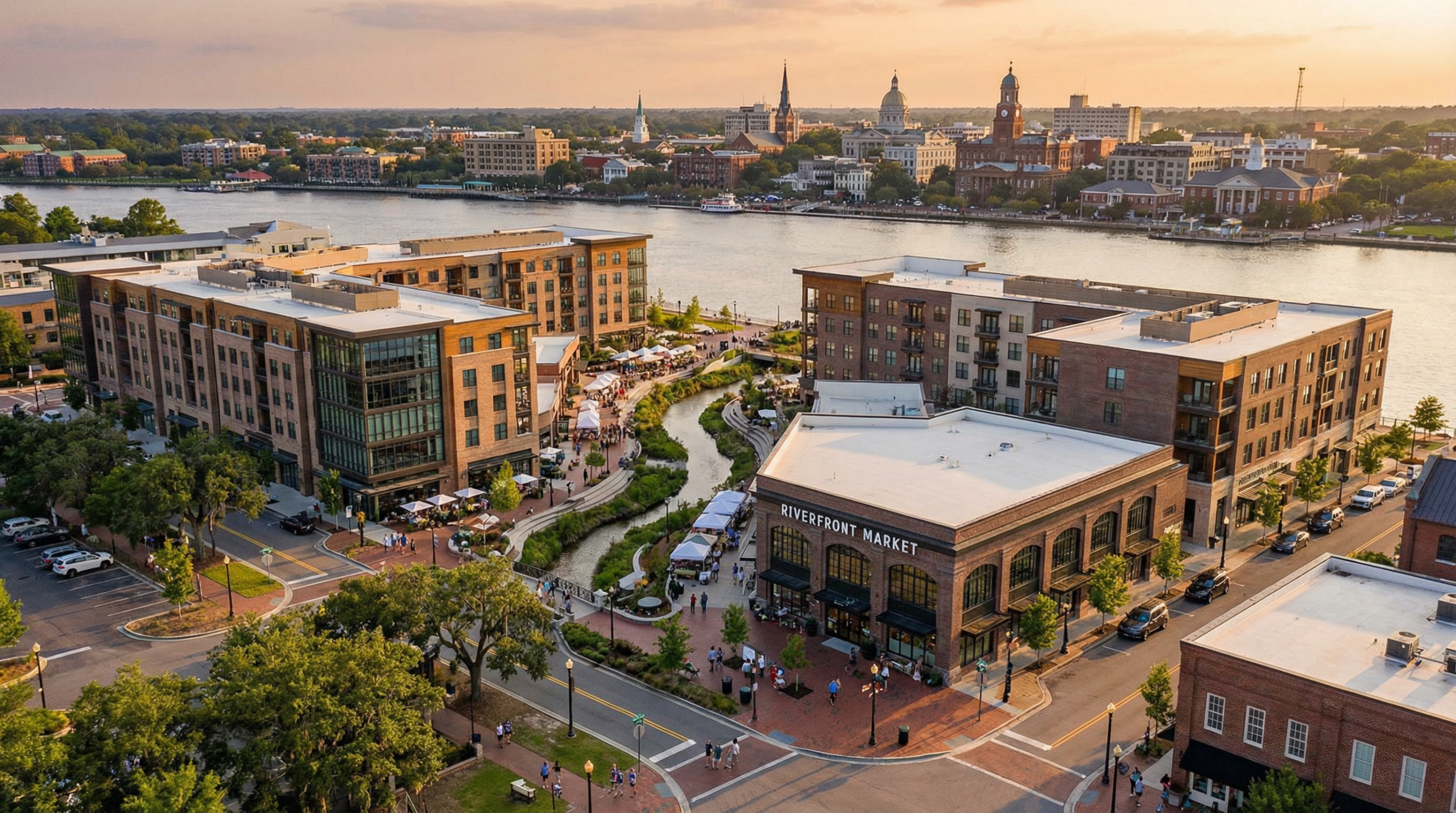 Cinematic aerial view of the Eastern Wharf mixed-use development along the Savannah River at golden hour
