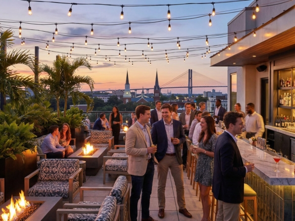 Vibrant rooftop bar scene at a modern boutique hotel in downtown Savannah at twilight with the historic skyline in the background