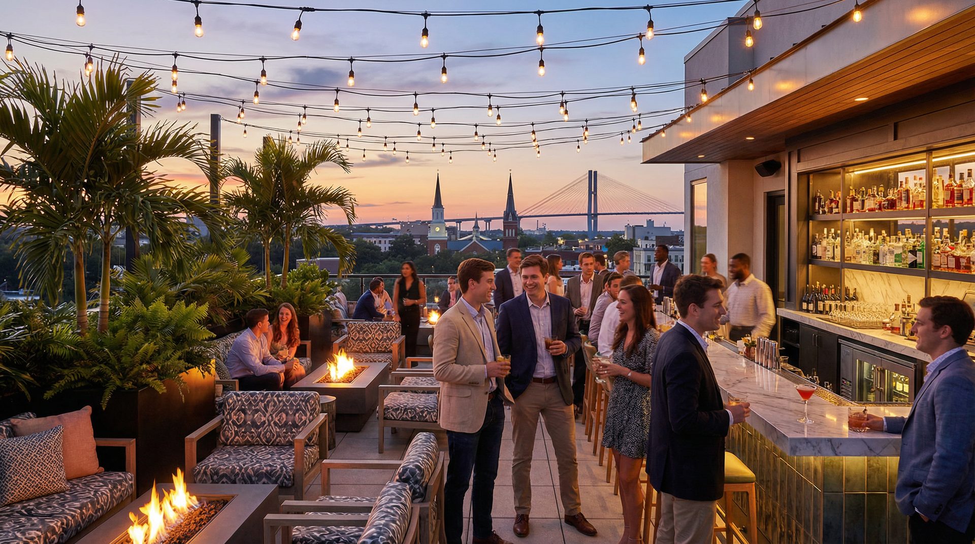 Vibrant rooftop bar scene at a modern boutique hotel in downtown Savannah at twilight with the historic skyline in the background