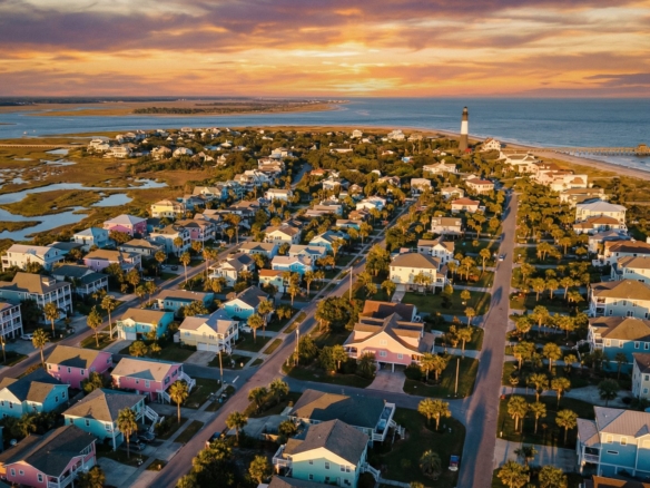 Aerial drone photograph of Tybee Island Georgia at sunset showing colorful beach cottages, the lighthouse, and the Atlantic Ocean