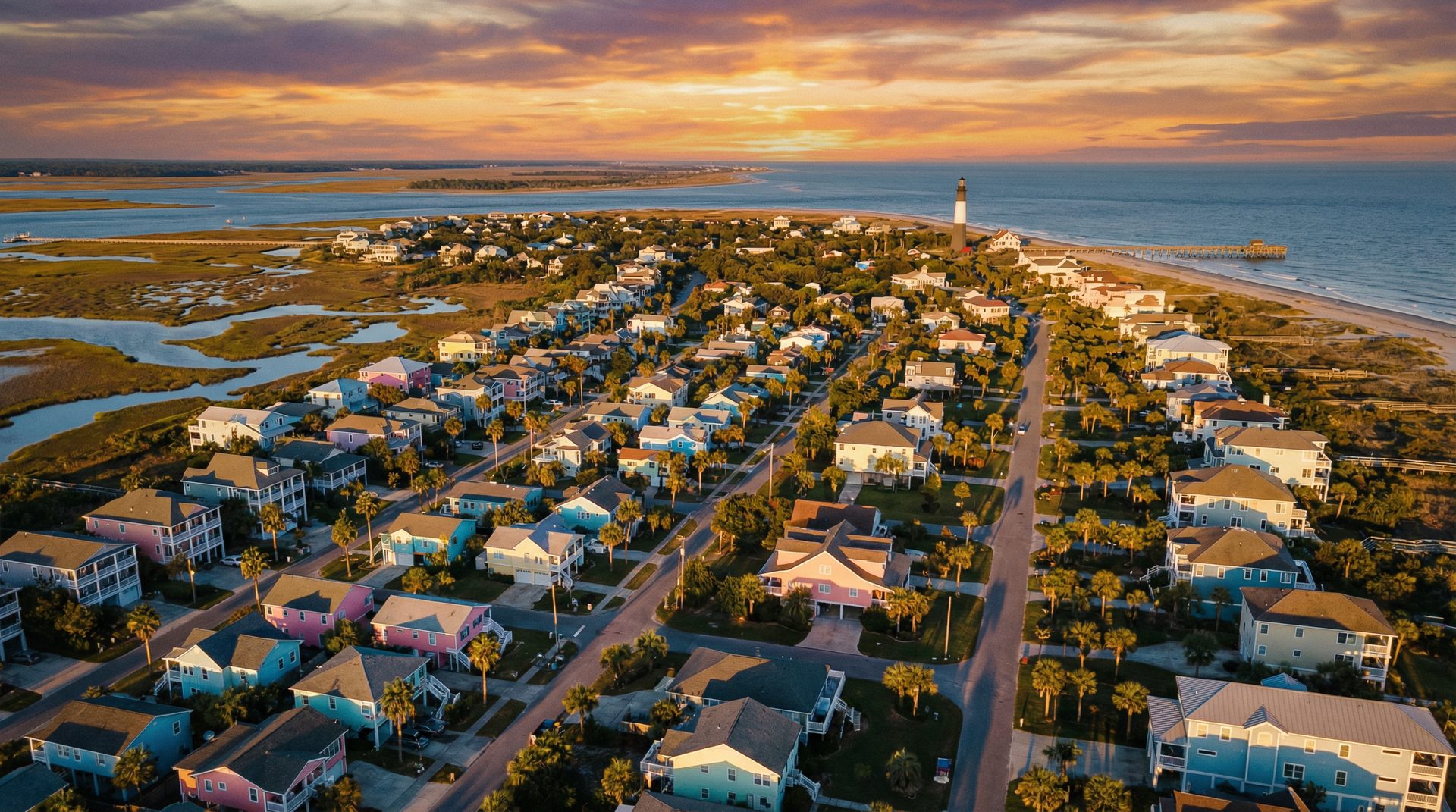 Aerial drone photograph of Tybee Island Georgia at sunset showing colorful beach cottages, the lighthouse, and the Atlantic Ocean