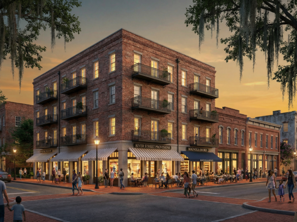 Rendering of mixed-use development with ground-floor retail and residential above in Savannah's historic west side neighborhood