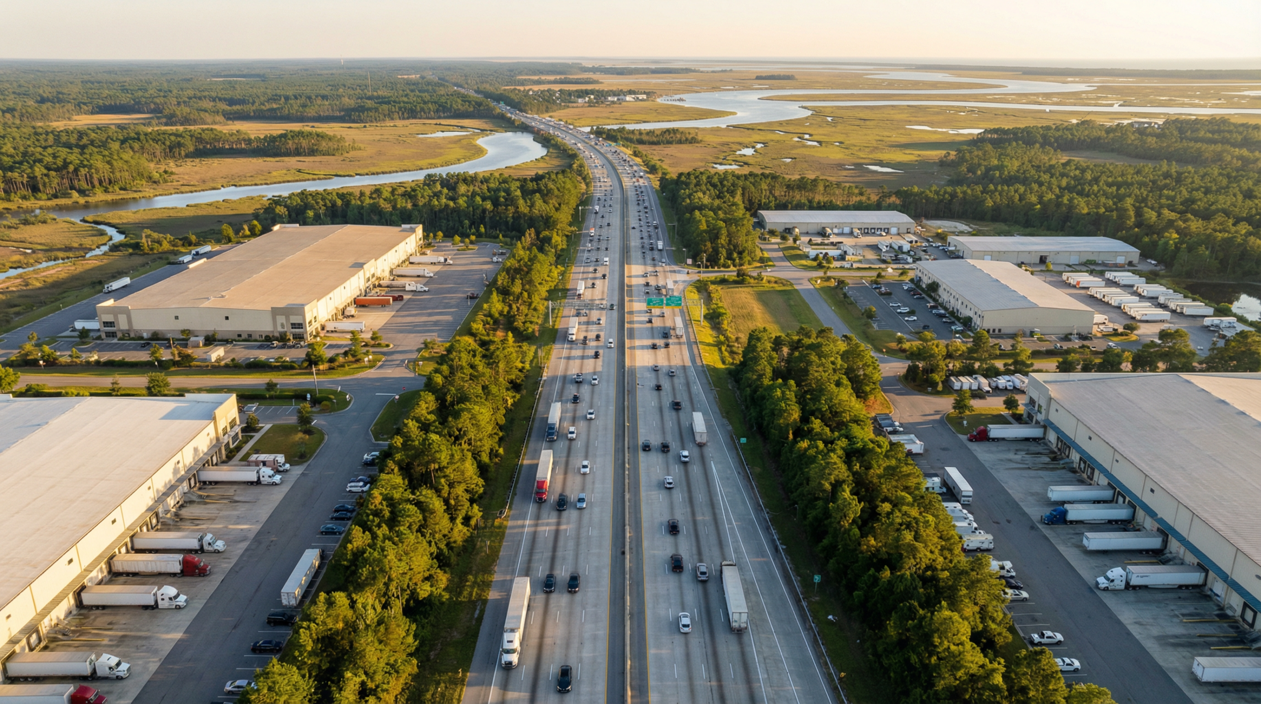 Aerial view of Interstate 95 corridor near Savannah Georgia with industrial warehouses and port infrastructure visible