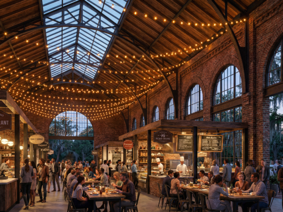 Historic train shed and roundhouse at the Georgia Railroad Museum in Savannah with development potential visible on surrounding parcels