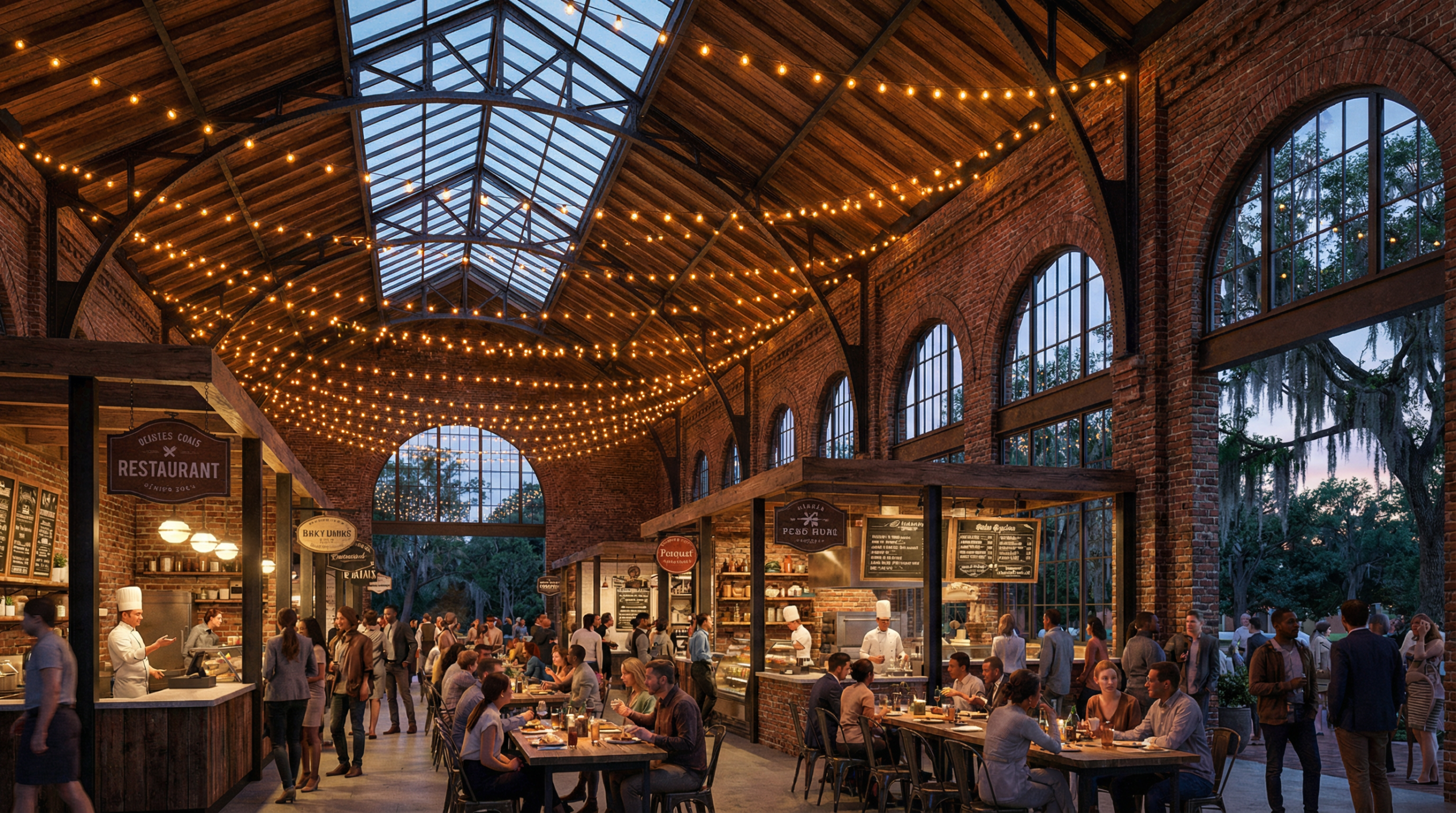 Historic train shed and roundhouse at the Georgia Railroad Museum in Savannah with development potential visible on surrounding parcels