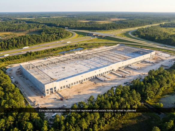 Aerial rendering of a large industrial warehouse near I-95 in Port Wentworth, GA
