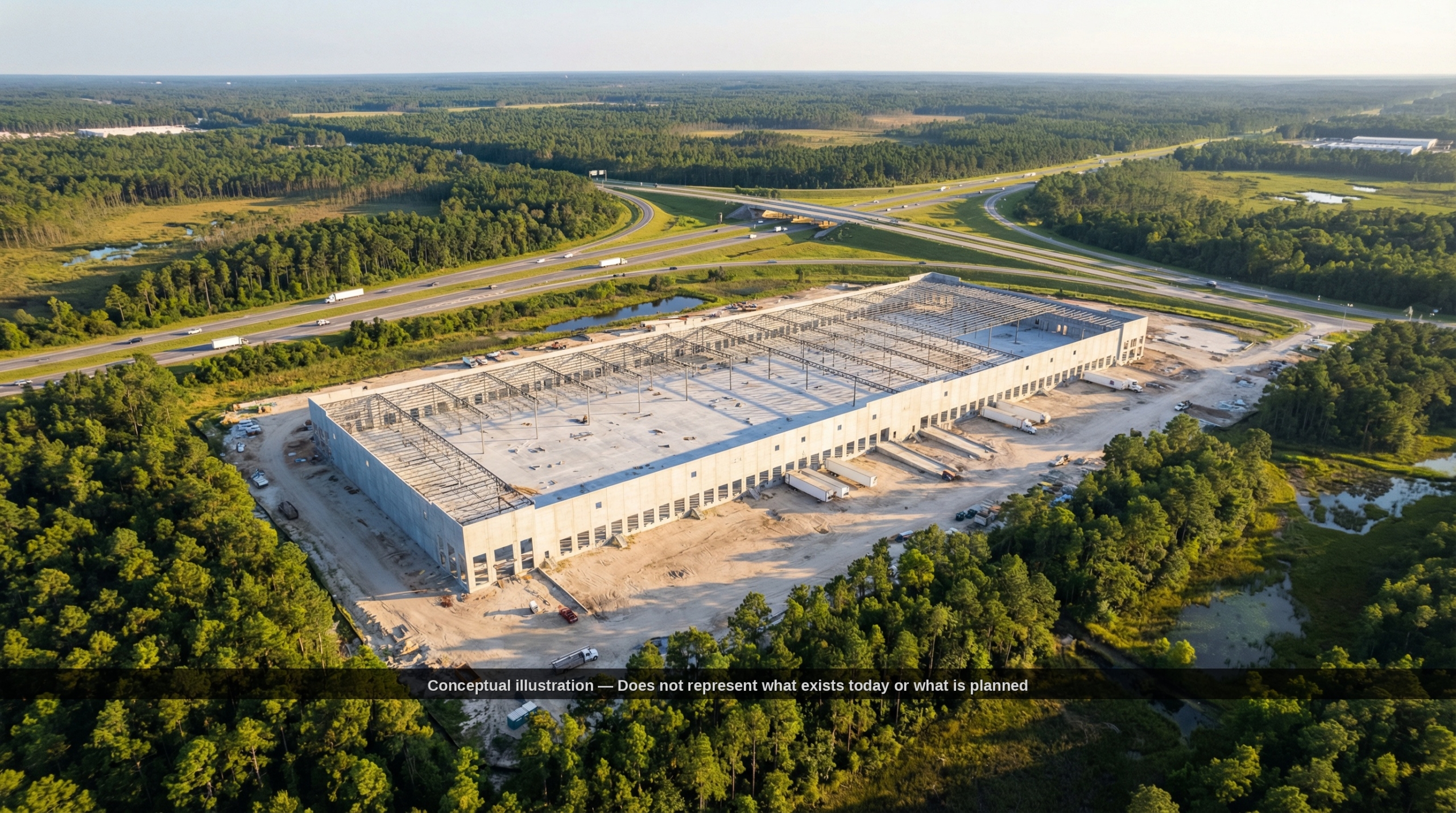Aerial rendering of a large industrial warehouse near I-95 in Port Wentworth, GA