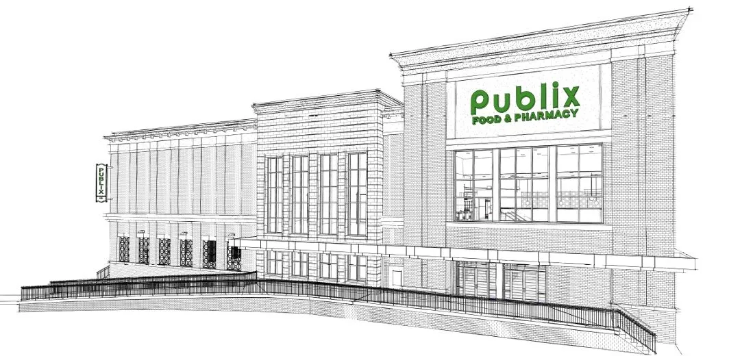 Architectural rendering of the proposed Publix Food & Pharmacy store at Eastern Wharf, Savannah GA